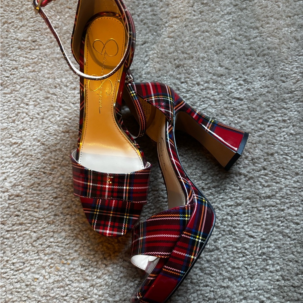 Jessica Simpson Red Plaid Platform Ankle Strap Block Heels